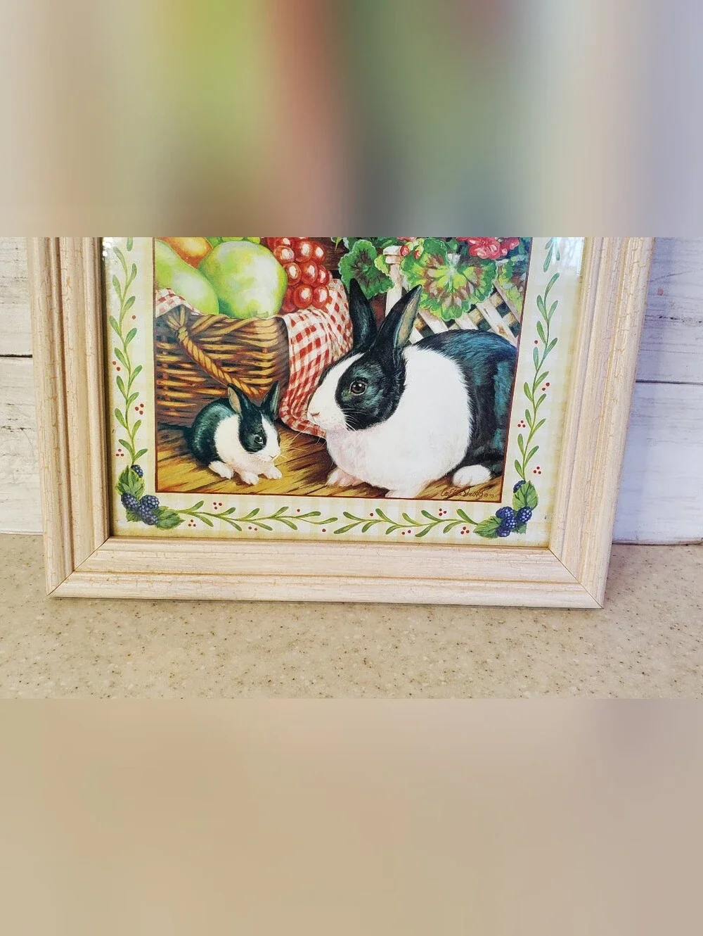 Vintage Cottagecore Bunny Rabbit Framed Print Glass Wall Art Grandmacore 9.5x11.